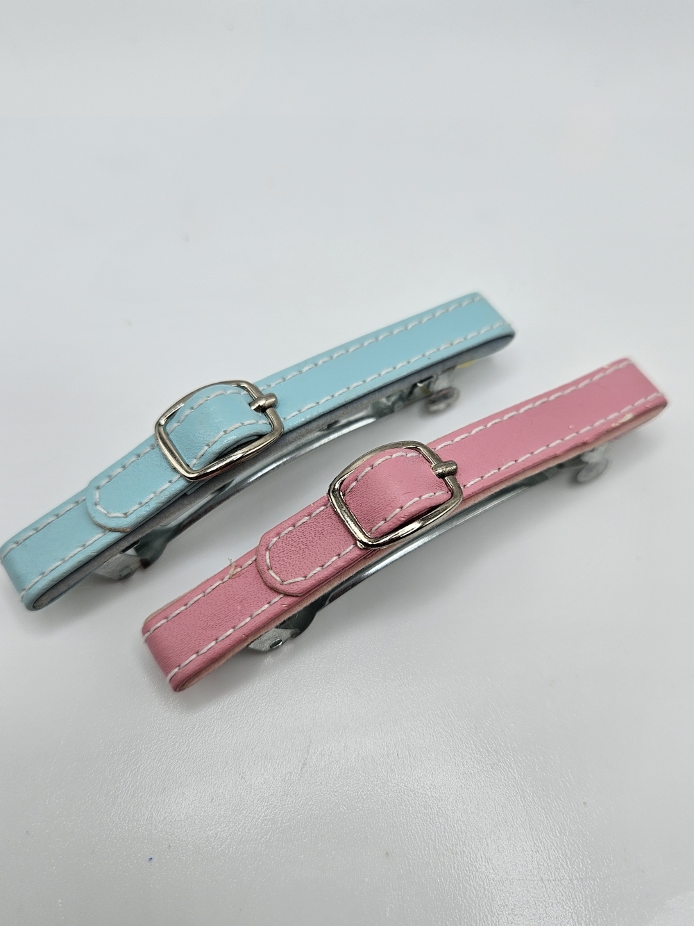 VINTAGE Pink and Blue Belt Buckle Hair French Barrette Clip Set